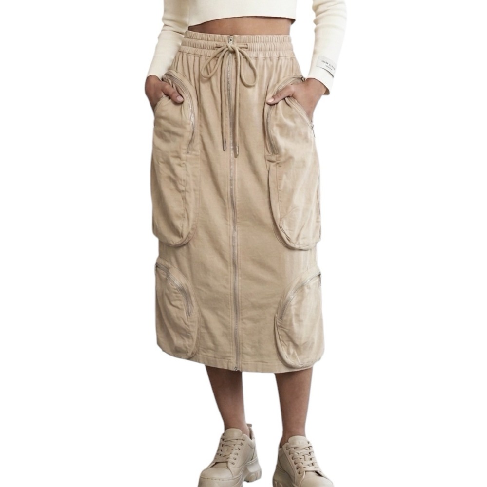 LOVE HIGHLIGHT Midi Cargo Skirt sz Small Khaki Zip Utility Pockets Stretch HS241